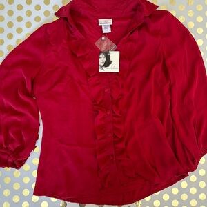 Jaclyn Smith Red Ruffled Buttoned Blouse